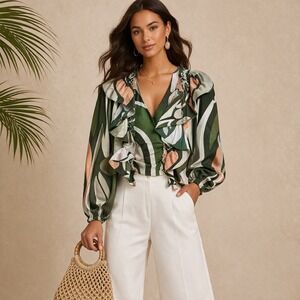 Aylaya Abstract Print Ruffle Blouse Women XS Green Peach Boho Balloon Sleeve New